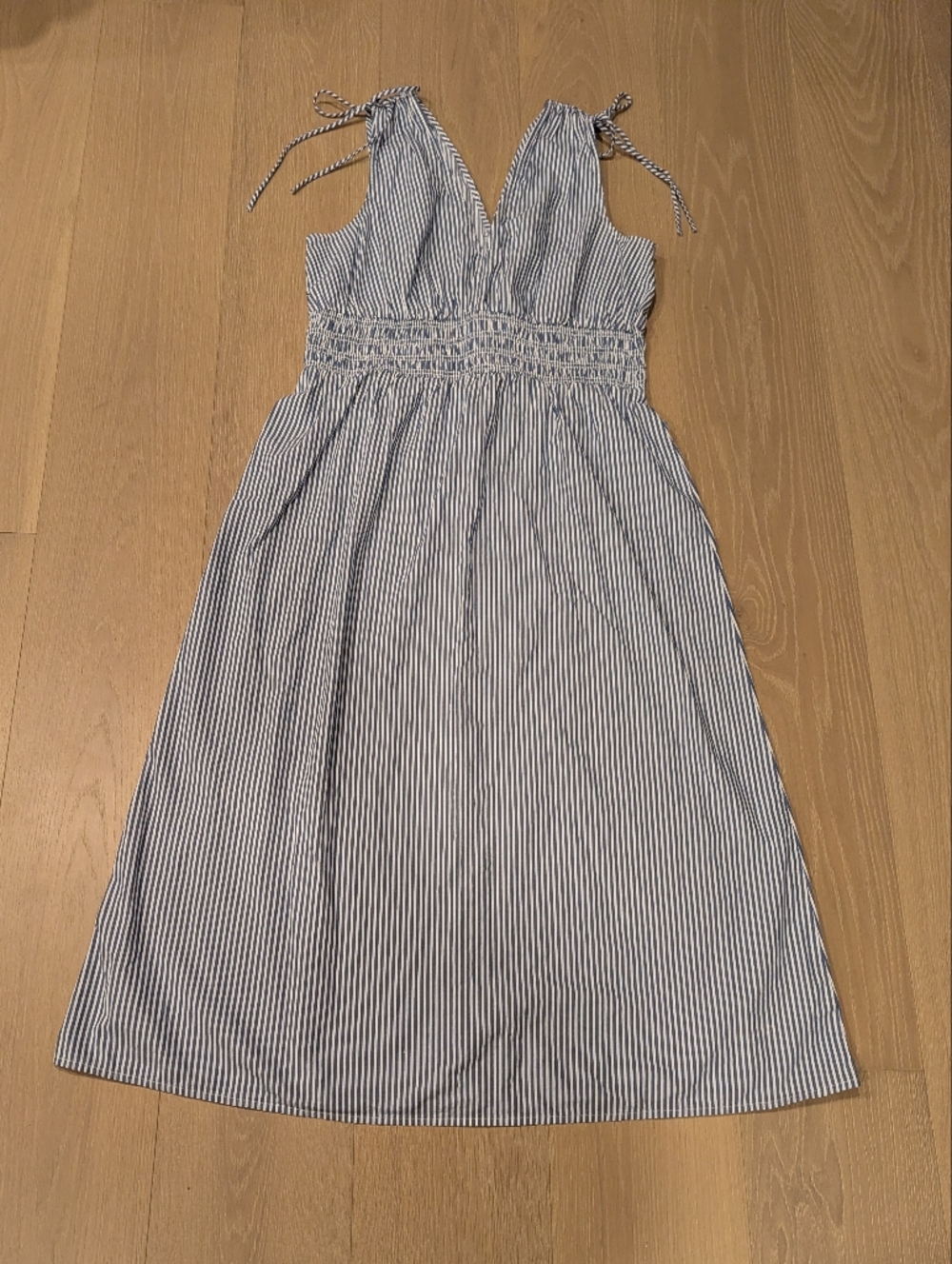 Striped Blue and White Smocked-Waist Midi Dress